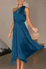 Casual Dresses Women's Summer Long Satin Dress One Shoulder Sleeveless Ruched Twist Flowy Maxi Wedding Guest For Women Vintage