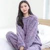 Kvinnors sömnkläder Autumn Winter Warm Flanell Fleecing Women Pyjamas Set Thick Coral Velvet Long Sleeve Cartoon Thin Pyjamas Set