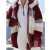 Casaco de inverno mulher jaqueta 2023 com capuz zíper senhoras emendado ponto cashmere costura xadrez casacos 240109