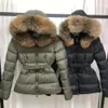 Requintado jaqueta de inverno real gola de guaxinim quente moda parka com cinto feminino acolchoado grande bolso casaco digitalização