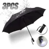 3st paraply vinylsolshade paraply regn och solsken Dualuse roterande LED -ficklampa Automatisk 240109