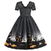 Halloween-Kleider für Damen, Retro-Spitze, modisch, Spleißen, langer Rock, Rundhalsausschnitt, kurze Ärmel, sexy bedruckt, großes Swing-elegantes Kleid