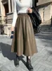 Skirts Vintage Ropa Winter Women Genuine Leather Thin A-line Pleated Skirts Femme Wine Red/black 65cm Long Jupe Mujer Casual Etek Steet 230413