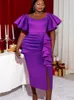 Robes de grande taille femmes robe violette scintillante fronces côté moulante Midi manches volantes à volants Slim Fit robes de soirée modestes