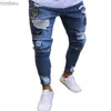 Jeans masculinos 2024 preto rua moda homens jeans de alta qualidade retro azul elástico fino ajuste rasgado jeans mendesigner denim marca calças hombrel240109