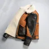 Marrón AVIREXFLY chaquetas de cuero genuino con forro de piel de cordero bolsillo de cuero de gamuza cuello de solapa mantener caliente