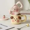 Tazas Taza de cerámica de animales creativos con tapa y cuchara, taza de agua, té, café, desayuno, leche, oficina, hogar, beber, regalos