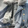 Women Imitation Fur Collar Spliced Denim Coat Thickened Plush Inner Jeans Jacket Short Turn Down Cardigan Belted Tops 240108
