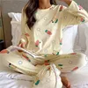 Primavera bonito dos desenhos animados vaca impressão pijama conjunto feminino duas peças manga longa pijamas conjuntos 240108