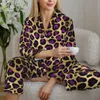 Leopard Print Sleepwear Autumn Purple and Gold Vintage Oversized Pajama Sets Women Long Sleeves Retro Night Graphic Nightwear 240108