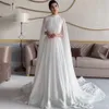 Simple White Chiffon A Line Wedding Dresses Cape Crystals Beaded Jewel Neck Elegant Arabic Dubai Long Bridal Gowns 2024 Bride Reception Dress Court Train