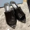 Designer Kvinnor Sandaler Triangel Tryckt Plexiglass Heels Luxury Milano Slides Chunky High Heel 7,5 cm Silver Metallic Leather Insula Sole Sole Sole Sole