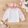 Ensembles de vêtements bébé fille 3 pièces ensemble col rond manches longues hauts patch broderie salopette bandeau infantile enfant en bas âge tenue de pâques