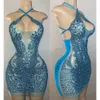 Sexy Blue Sequins Sukienki dla czarnych dziewcząt z koralikami kantarki Patrz przez Vestidos de Homecoming Tail Gowns