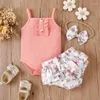 Kläder sätter 0-24 månader spädbarn baby flickor sommarkläder härlig sling bodysuit toppar blommig ruffle tutu shorts bow hår 3pcs flicka