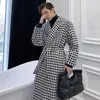 Autumn Winter Long Windbreaker Jacket Korean Fashion Thick Temperament Houndstooth Woolen Coat Men's Belt Slim Trench Coat 240109