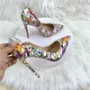 Dress Shoes Floral Print Women V-Cut Edged Pointy Toe High Heel For Party Show Sexy Slip On Stiletto Pumps