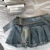 Klänning denim mini kjolar kvinnor hotsweet veckade chic sommar sexig med bälte vintage ruffles streetwear hip hop y2k mode slits designad