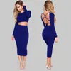 Work Dresses SKMY Women Clothing Bandage Lace-Up Backless Long Sleeve Crop Top Bodycon Midi Skirts Two Piece Set Outfits Solid Color