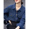 Blusas femininas retro estilo hong kong camisa jeans cintura fina azul escuro manga longa topo 2024 primavera temperamento casual blusa solta