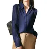 Kvinnors blusar Navy Blue Chiffon Elegant Shirt Spring Summer Fashion Blue 2024 Korean Style Slå ner krage fast färg för kvinnlig