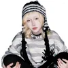 Berets 50JB Winter Knitted Striped Earflap Hat Cold Weather Harajuku Star Strap Tassels Braid Skullie Cap Streetwear