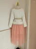 Work Dresses Elegant Tweed Colorblocking Cut Jacket Tops Mesh Pressed Pleated Elastic Waist Midi Skirt Suits OL 2 Piece Set Women's Outfits