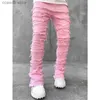 Men's Jeans Men's Skinny Jeans Fringe Hip-hop Raw Edge Elastic Patch Punk Rock Long Tight Fit Stacked Jeans Denim Pants Blue Pink Streetwear T240109