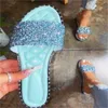 Tofflor sommarsandaler för kvinnor platt sandal gnistrande strass glid trendiga kvinnors strand glittrande klänning slip på bling casual skor