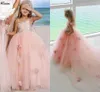 Vestidos de menina de flor de tule rosa claro para casamento alças finas flores 3D vestido de baile de princesa para meninas ocasião formal de aniversário vestido de primeira comunhão CL3181