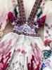 Fashion Runway Wunderschönes Blumen-Chiffon-Cascading-Rüschen-Kleid für Damen mit tiefem V-Ausschnitt, langen Ärmeln, Blumendruck, Boho-Robe, Vestido 240108