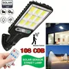 6PCS 108 COB Solar Street LANP z pilotem, na zewnątrz IP65 Wodoodporny, LED 616-4 Reflektorowe reflektory z 3 trybami roboczymi, regulowane ludzkie ciało