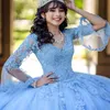 Sky Blue Quinceanera Dresses 2024 Tulle Lace Up Appliques 레이스 볼 가운 Long Sleeved Birthding Party Dress Destidos de 15 anos