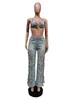 Women's Two Piece Pants Sexy Hole Tassel Denim Pieces Set Women Strapless Cropped Top And Pant Jogger Summer Outfits Female Blue Jeans Suit