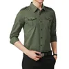 Military Style Men's Youth Long Sleeved Slim Fitting Workwear Shirt, Pure Cotton Breathable Strap Shoulder Badge, Multi Bag Shirt