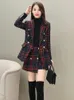 Herfst Dames Pak 2 Stuks Tweed Blazer Jasje en Rok Set Plaid Tweedelige Mini 240109