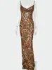 Julissa mo Leopard Print V-dół Sexy Bodycon Long Dress Woman Lace Up Backless Letni sukienki żeńskie paski imprezowe plażę vestidos 240109