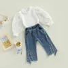 Clothing Sets Fall Kids Girls Clothes Baby Lace Sheer Puff Long Sleeve Ribbed Tops Pearl Split Pant Jeans Children Outfits 1-6Y