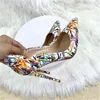 Dress Shoes Floral Print Women V-Cut Edged Pointy Toe High Heel For Party Show Sexy Slip On Stiletto Pumps