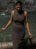 カジュアルドレストラフザ女性ファッションセクシーなノースリーブボディーコンドレス2024女性エレガントバックジッパーソリッドカラーシックフォールドスリムミディ