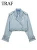 TRAF Woman Denim Jacket With Belt Cropped Jean Jacket For Women Frayed Streetwear Women's Spring Jackets Long Sleeve Crop Top 240109