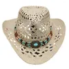 Bérets papier corde Cowboy chapeau creux Vintage perles décoration paille Western parasol casquette plage soleil chapeaux Cowgirl tissé hommes