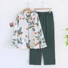 Kvinnors sömnkläder 2024 Spring Autumn Women Thin Pyjama Set Bomull Långärmad byxor 2 Piece Rose Print Homewear Summer Fashion