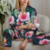 Pękama kobiet leśne liście palmy pokój pokój snu kwiatowy i flamingowy nadruk dwuczęściowy piżama zestawów długoterminowych garnitur domowy 240108