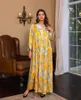 Ethnic Clothing Color Diamond Embroidery Floral Print V-neck Muslim Middle East Loose Dress Turkey Dubai Arab Robe