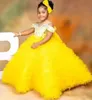 Dresses Lovely Yellow Wedding Flower Girl Dresses Sheer Neck Ball Gown Kids Birthday Party Gowns Beaded Bow Tie Toddler Pageant Wears BC14