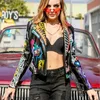 Printemps et automne Punk taille haute veste en simili cuir femmes Graffiti clouté Rivet mode Streetwear court moto manteau 240108