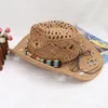 Bérets papier corde Cowboy chapeau creux Vintage perles décoration paille Western parasol casquette plage soleil chapeaux Cowgirl tissé hommes