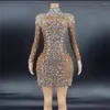 Stadiumkleding Bruin Shining Rhinestone Crystal Sexy Schede Jurk Voor Vrouwen Avondfeest Kleding Zanger Uitvoeren Kostuum Verjaardag Draagt