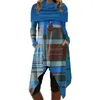 Casual Dresses Women Mid-Längd Scarf Collar Dress ColorBlock Digital Print Shawl Women's Midi med oregelbundna fickor